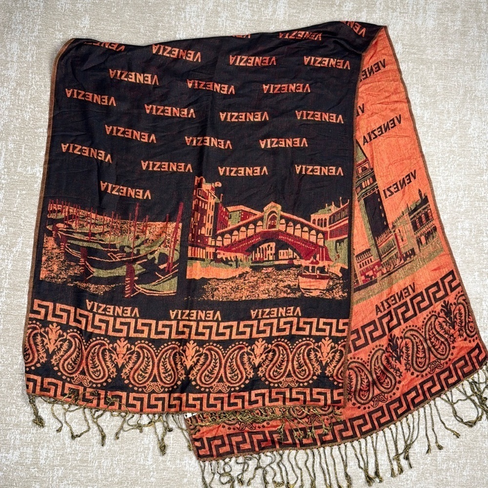 Women long Venezia Shawl Scarf Fringe 70”x27” Brown Orange Print